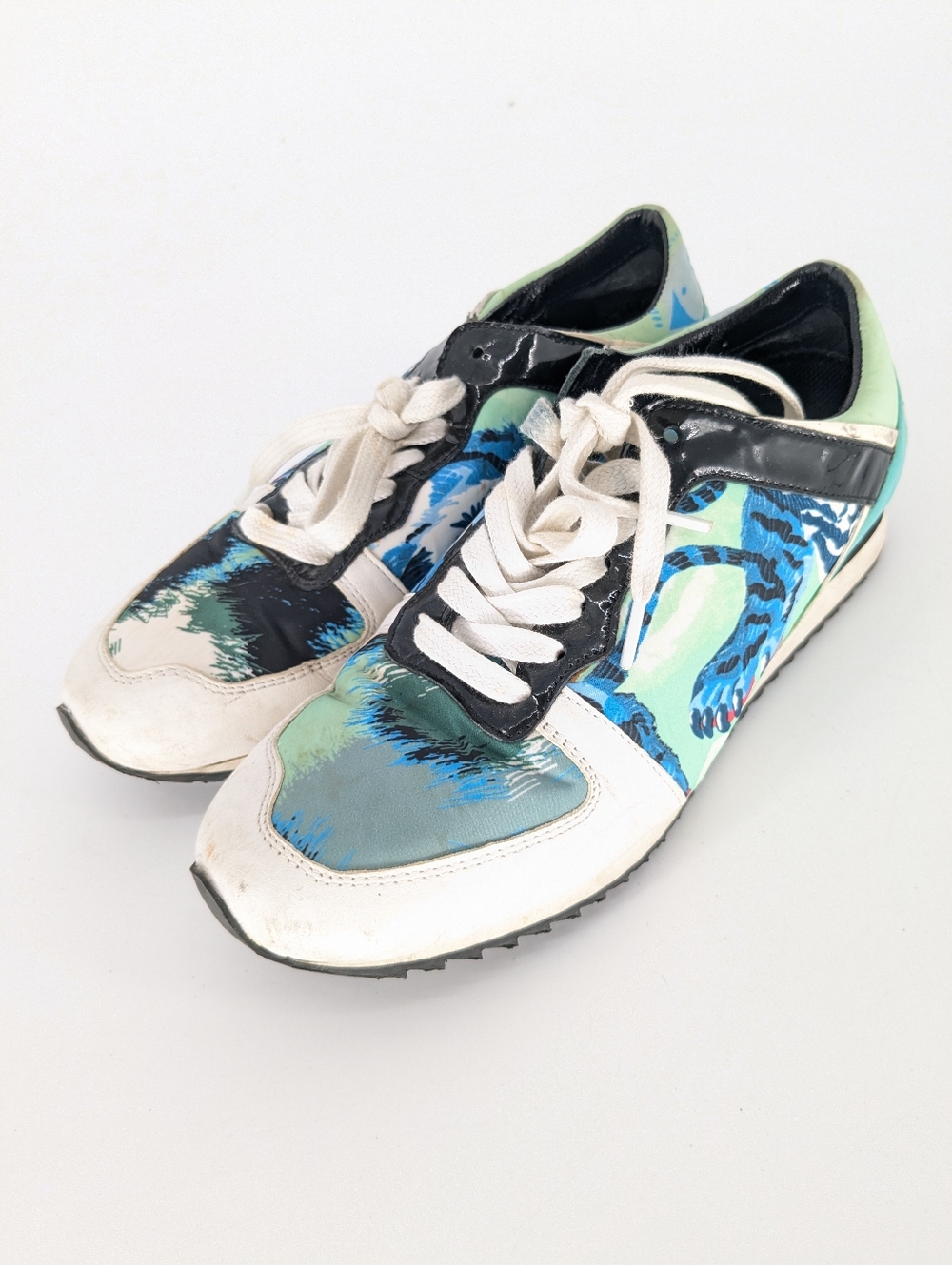KENZO Tiger Print Sneakers Blue Black White Unisex Womens Size 6.5 EU 37 FLAW